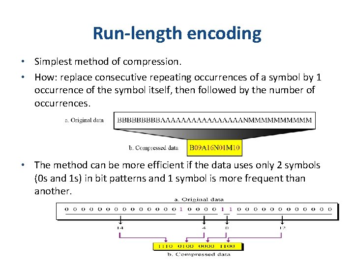 Run-length encoding • Simplest method of compression. • How: replace consecutive repeating occurrences of