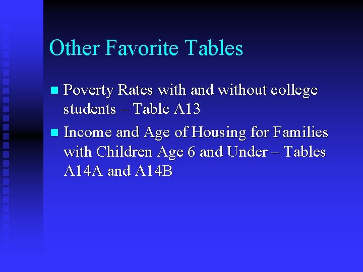 Other Favorite Tables Poverty Rates with and without college students – Table A 13