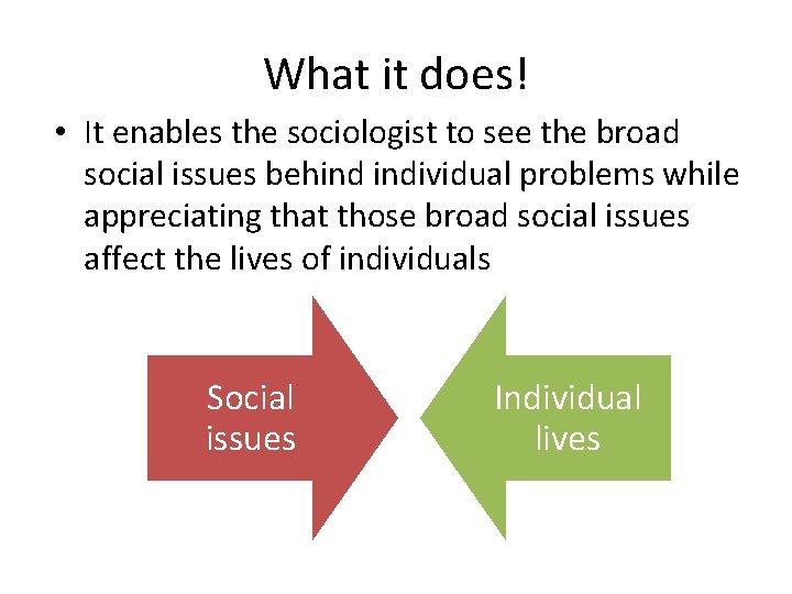 What it does! • It enables the sociologist to see the broad social issues