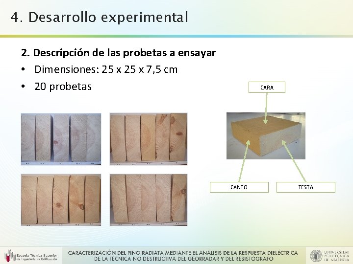 4. Desarrollo experimental 2. Descripción de las probetas a ensayar • Dimensiones: 25 x