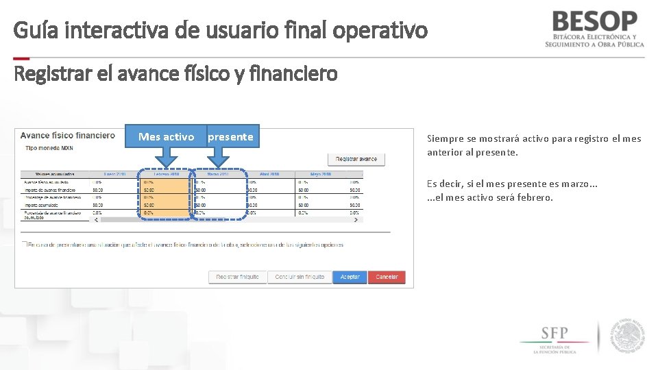 Guía interactiva de usuario final operativo Registrar el avance físico y financiero Mes activo