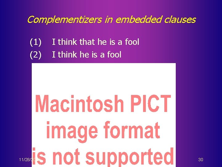 Complementizers in embedded clauses (1) (2) 11/28/2020 I think that he is a fool