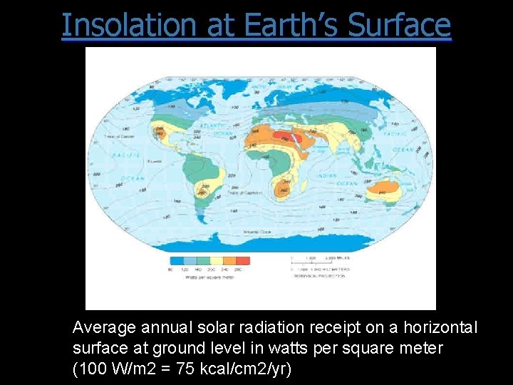 Insolation at Earth’s Surface Average annual solar radiation receipt on a horizontal surface at