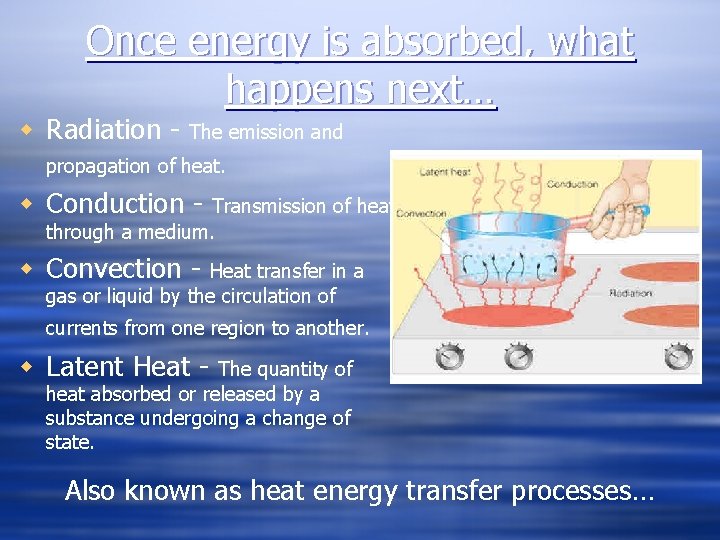 Once energy is absorbed, what happens next… w Radiation - The emission and propagation