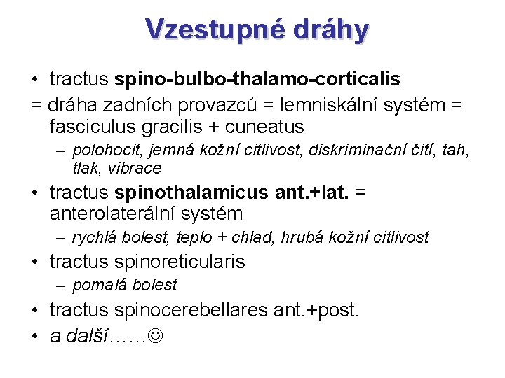 Vzestupné dráhy • tractus spino-bulbo-thalamo-corticalis = dráha zadních provazců = lemniskální systém = fasciculus