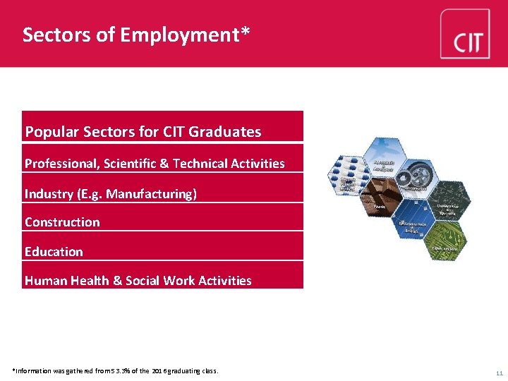 Sectors of Employment* Popular Sectors for CIT Graduates Professional, Scientific & Technical Activities Industry