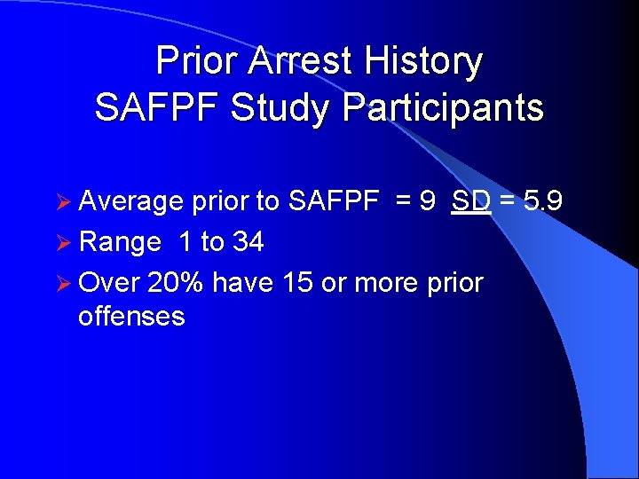 Prior Arrest History SAFPF Study Participants Ø Average prior to SAFPF = 9 SD