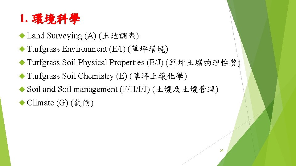 1. 環境科學 Land Surveying (A) (土地調查) Turfgrass Environment (E/I) (草坪環境) Turfgrass Soil Physical Properties