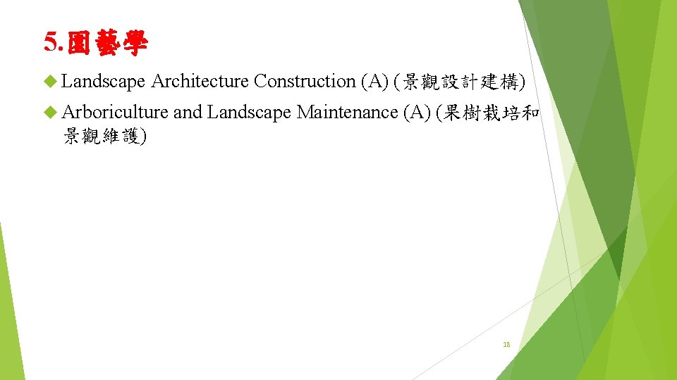 5. 園藝學 Landscape Architecture Construction (A) (景觀設計建構) Arboriculture and Landscape Maintenance (A) (果樹栽培和 景觀維護)