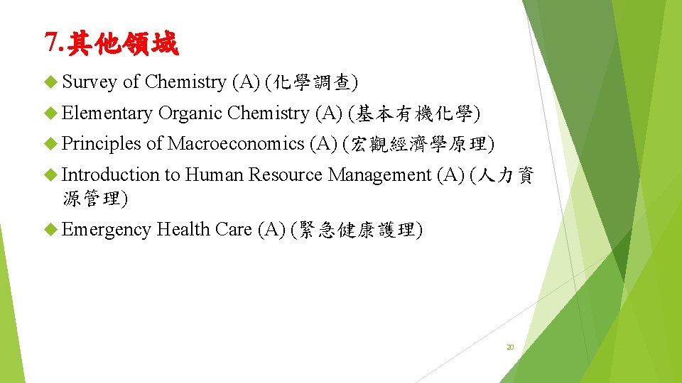 7. 其他領域 Survey of Chemistry (A) (化學調查) Elementary Principles Organic Chemistry (A) (基本有機化學) of