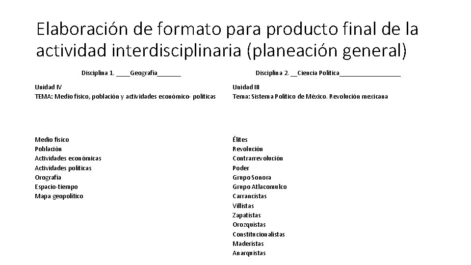 Elaboración de formato para producto final de la actividad interdisciplinaria (planeación general) Disciplina 1.