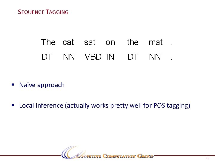 SEQUENCE TAGGING The cat sat on the mat. DT VBD IN DT NN NN SEQUENCE TAGGING The cat sat on the mat. DT VBD IN DT NN NN