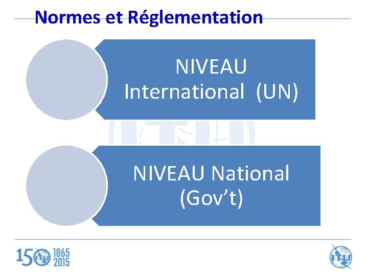 Normes et Réglementation NIVEAU International (UN) NIVEAU National (Gov’t) 