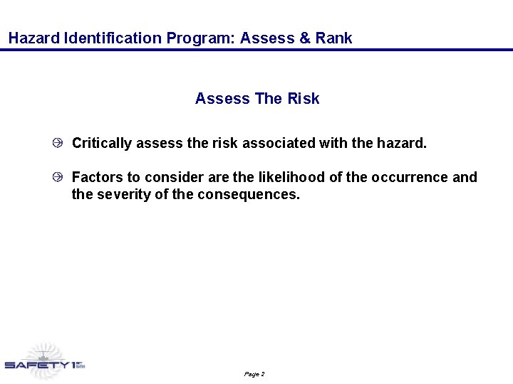 Hazard Identification Program: Assess & Rank Assess The Risk Critically assess the risk associated Hazard Identification Program: Assess & Rank Assess The Risk Critically assess the risk associated