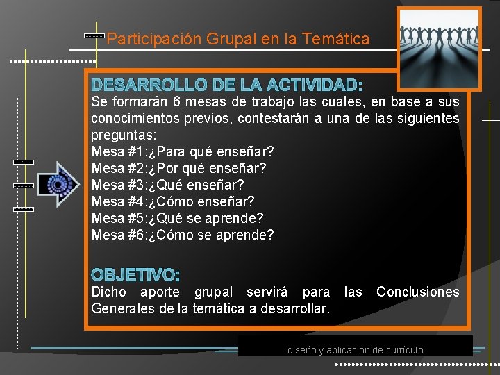 Participación Grupal en la Temática DESARROLLO DE LA ACTIVIDAD: Se formarán 6 mesas de