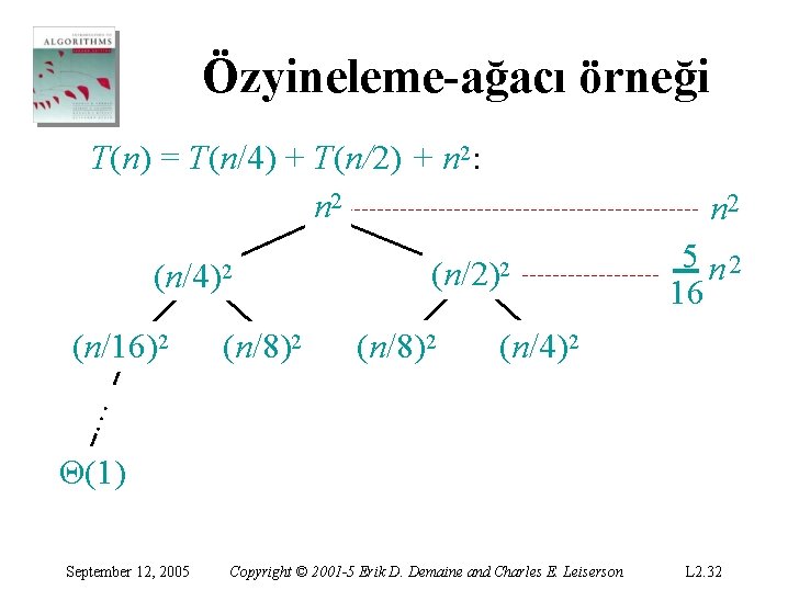 Özyineleme-ağacı örneği T(n) = T(n/4) + T(n/2) + n 2: n 2 (n/4)2 (n/8)2 Özyineleme-ağacı örneği T(n) = T(n/4) + T(n/2) + n 2: n 2 (n/4)2 (n/8)2