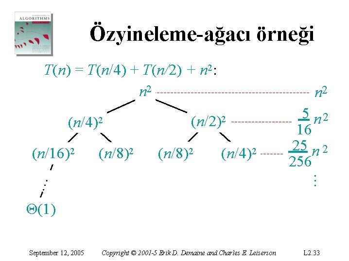 Özyineleme-ağacı örneği T(n) = T(n/4) + T(n/2) + n 2: n 2 (n/4)2 (n/8)2 Özyineleme-ağacı örneği T(n) = T(n/4) + T(n/2) + n 2: n 2 (n/4)2 (n/8)2