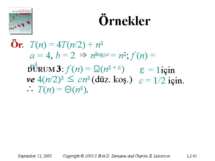 Örnekler Ör. T(n) = 4 T(n/2) + n 3 a = 4, b = Örnekler Ör. T(n) = 4 T(n/2) + n 3 a = 4, b =