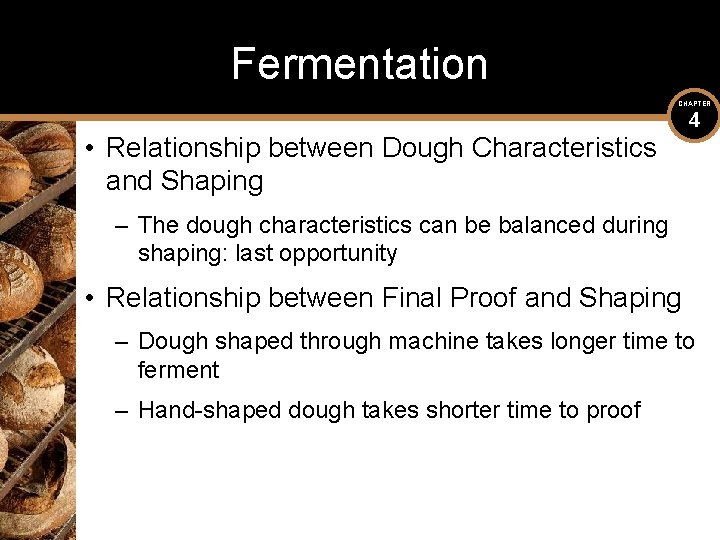 Fermentation CHAPTER • Relationship between Dough Characteristics and Shaping 4 – The dough characteristics