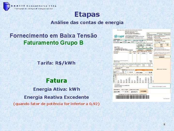 Etapas Análise das contas de energia Fornecimento em Baixa Tensão Faturamento Grupo B Tarifa: