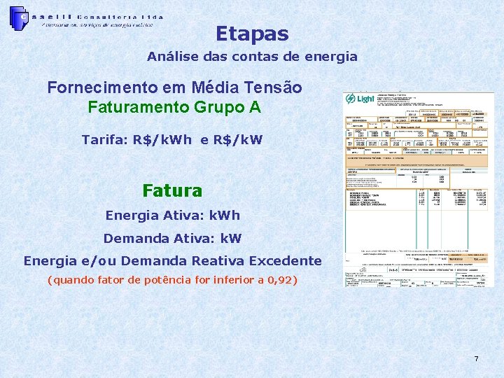 Etapas Análise das contas de energia Fornecimento em Média Tensão Faturamento Grupo A Tarifa: