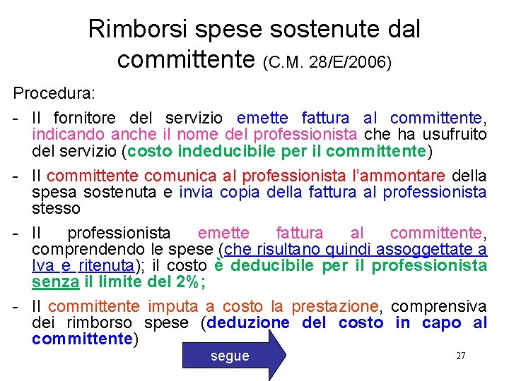 Rimborsi spese sostenute dal committente (C. M. 28/E/2006) Procedura: - Il fornitore del servizio