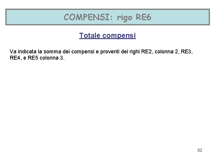 COMPENSI: rigo RE 6 Totale compensi Va indicata la somma dei compensi e proventi