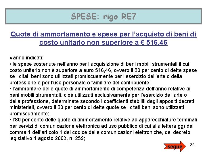 SPESE: rigo RE 7 Quote di ammortamento e spese per l’acquisto di beni di