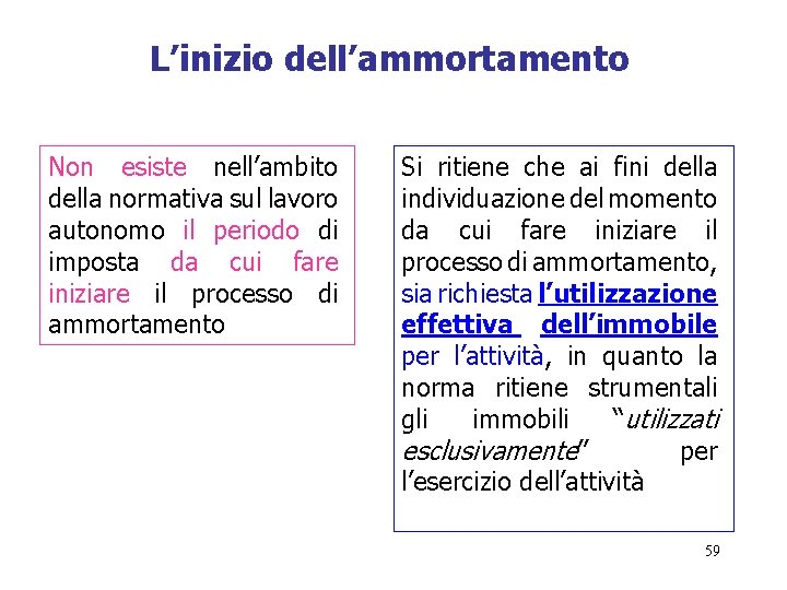 L’inizio dell’ammortamento Non esiste nell’ambito della normativa sul lavoro autonomo il periodo di imposta