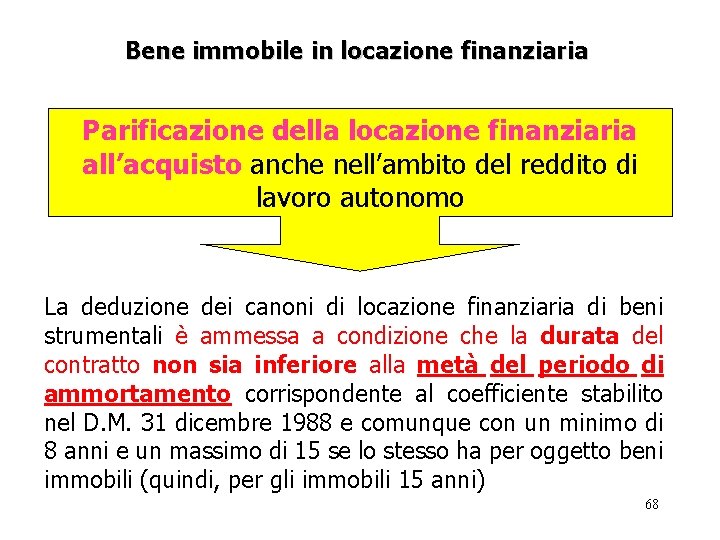 Bene immobile in locazione finanziaria Parificazione della locazione finanziaria all’acquisto anche nell’ambito del reddito