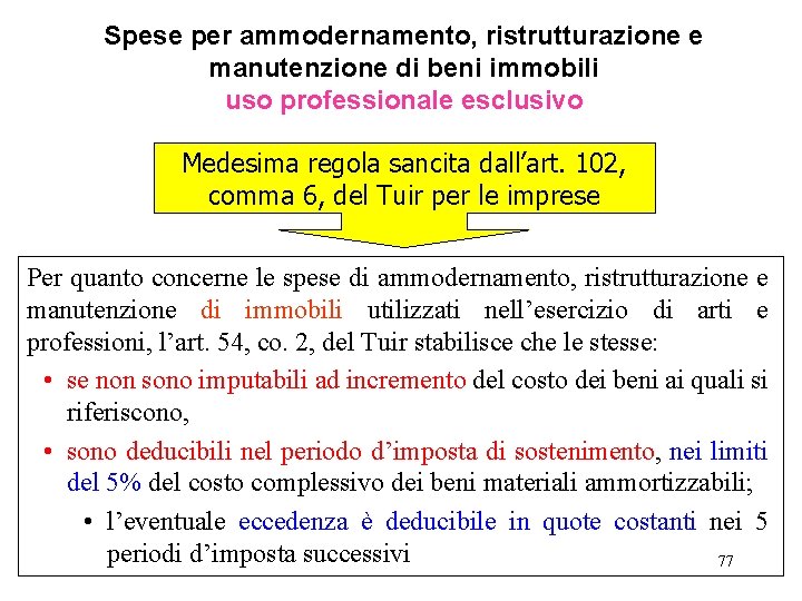 Spese per ammodernamento, ristrutturazione e manutenzione di beni immobili uso professionale esclusivo Medesima regola