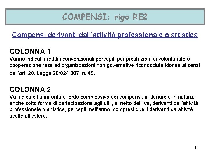 COMPENSI: rigo RE 2 Compensi derivanti dall’attività professionale o artistica COLONNA 1 Vanno indicati