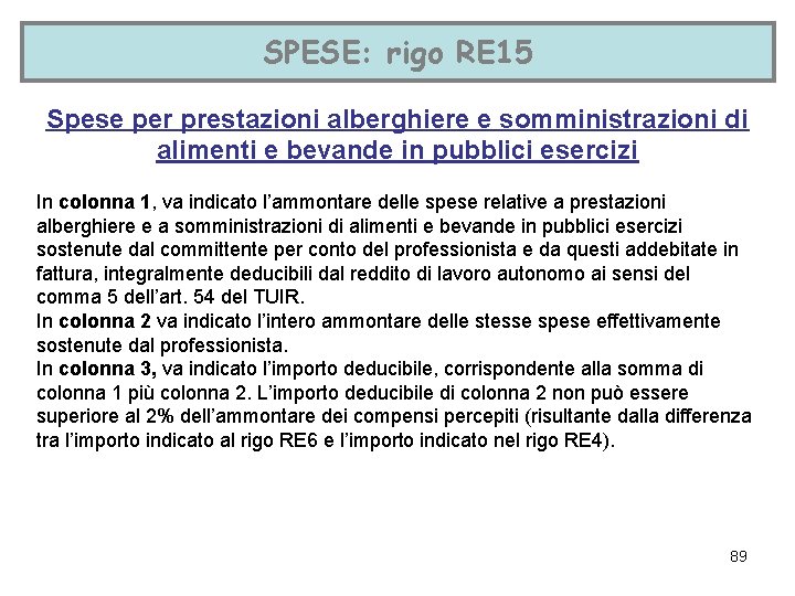 SPESE: rigo RE 15 Spese per prestazioni alberghiere e somministrazioni di alimenti e bevande