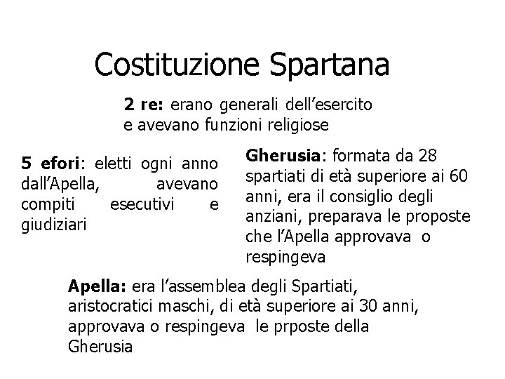 Costituzione Spartana 2 re: erano generali dell’esercito e avevano funzioni religiose 5 efori: eletti