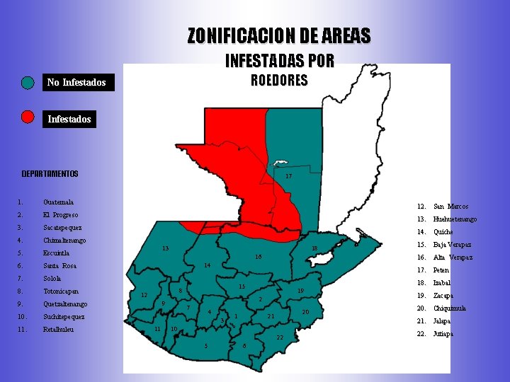 ZONIFICACION DE AREAS INFESTADAS POR ROEDORES No Infestados DEPARTAMENTOS 1. Guatemala 2. El Progreso