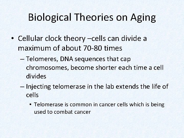 Biological Theories on Aging • Cellular clock theory –cells can divide a maximum of