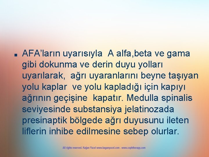 ■ AFA’ların uyarısıyla A alfa, beta ve gama gibi dokunma ve derin duyu yolları