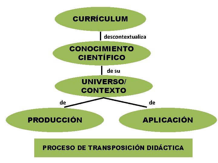 CURRÍCULUM descontextualiza CONOCIMIENTO CIENTÍFICO de su UNIVERSO/ CONTEXTO de PRODUCCIÓN de APLICACIÓN PROCESO DE CURRÍCULUM descontextualiza CONOCIMIENTO CIENTÍFICO de su UNIVERSO/ CONTEXTO de PRODUCCIÓN de APLICACIÓN PROCESO DE