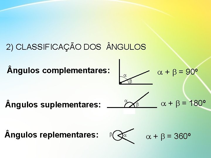 2) CLASSIFICAÇÃO DOS NGULOS ngulos complementares: ngulos suplementares: ngulos replementares: + = 90º +
