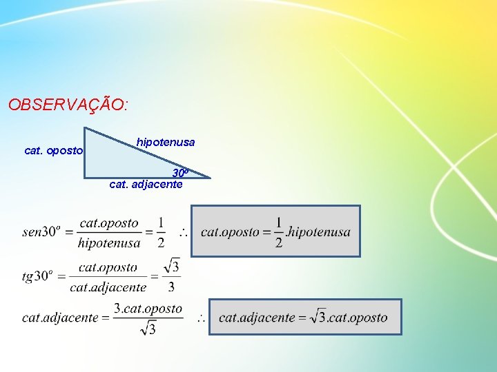  OBSERVAÇÃO: cat. oposto hipotenusa 30 o cat. adjacente 