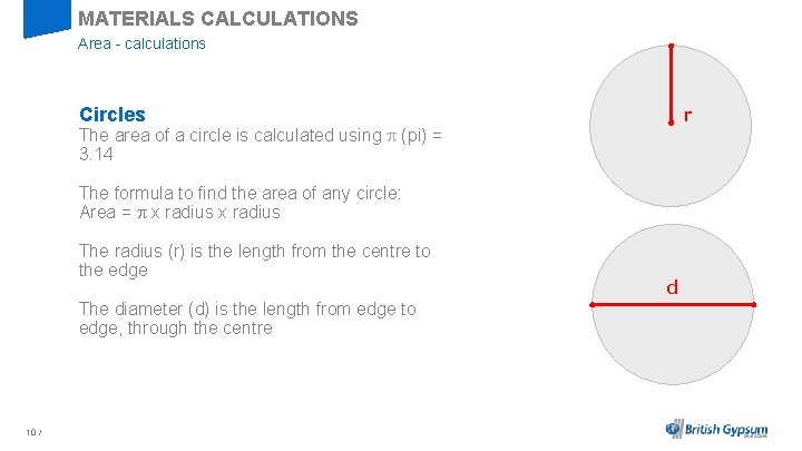 MATERIALS CALCULATIONS Area - calculations Circles r The area of a circle is calculated