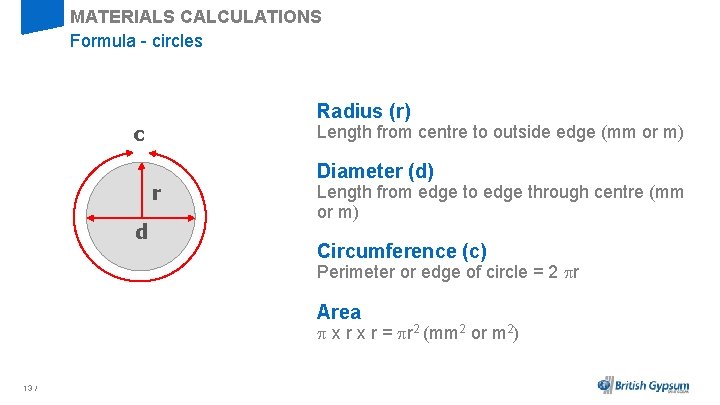 MATERIALS CALCULATIONS Formula - circles Radius (r) c Length from centre to outside edge