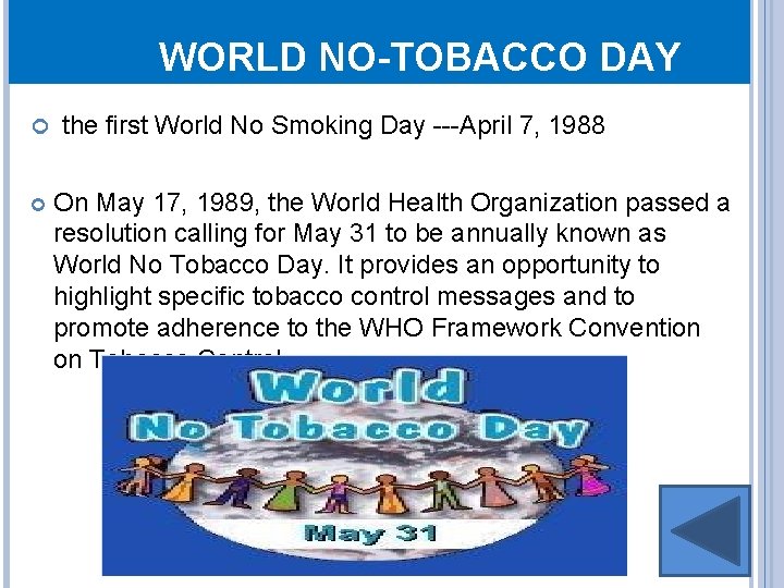 WORLD NO-TOBACCO DAY the first World No Smoking Day ---April 7, 1988 On May WORLD NO-TOBACCO DAY the first World No Smoking Day ---April 7, 1988 On May