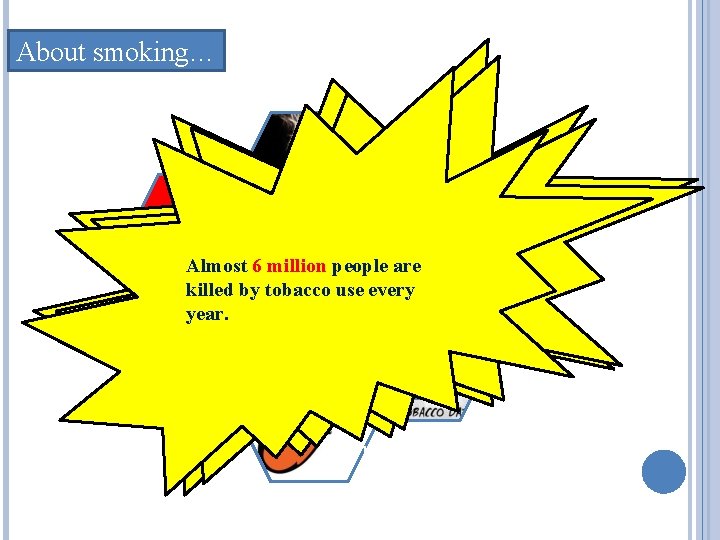 About smoking… 5. 7 6 trillionsmokers worldwide---1 billion million 5. 7 trillion cigarettes were About smoking… 5. 7 6 trillionsmokers worldwide---1 billion million 5. 7 trillion cigarettes were