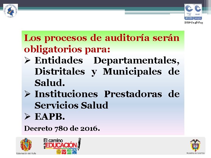  SGN-C 048 -F 23 Los procesos de auditoría serán obligatorios para: Ø Entidades