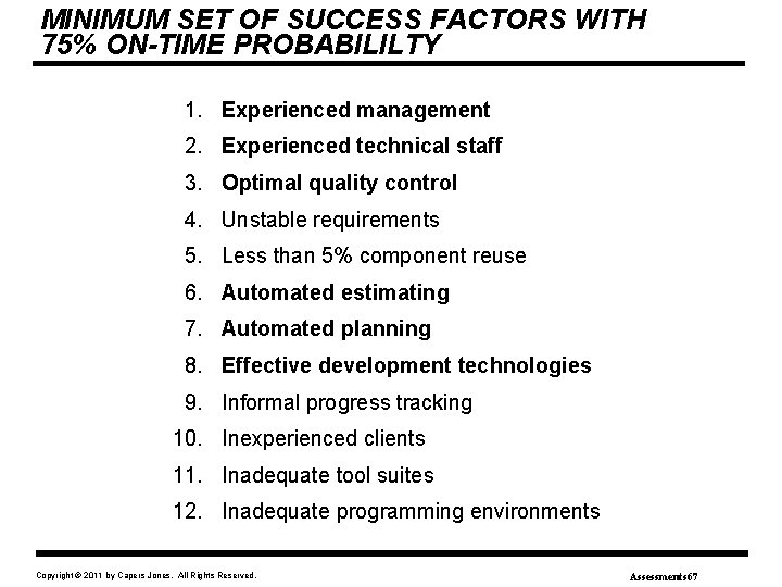 MINIMUM SET OF SUCCESS FACTORS WITH 75% ON-TIME PROBABILILTY 1. Experienced management 2. Experienced