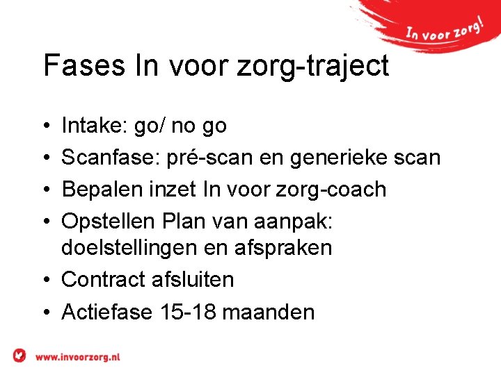 Fases In voor zorg-traject • • Intake: go/ no go Scanfase: pré-scan en generieke