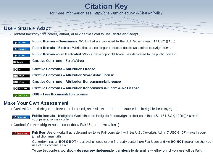 Citation Key for more information see: http: //open. umich. edu/wiki/Citation. Policy Use + Share