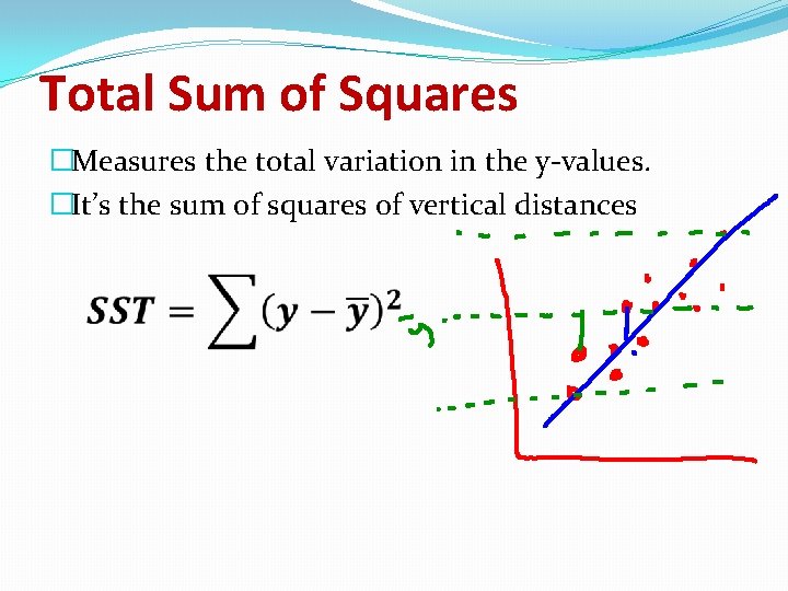 Total Sum of Squares �Measures the total variation in the y-values. �It’s the sum Total Sum of Squares �Measures the total variation in the y-values. �It’s the sum
