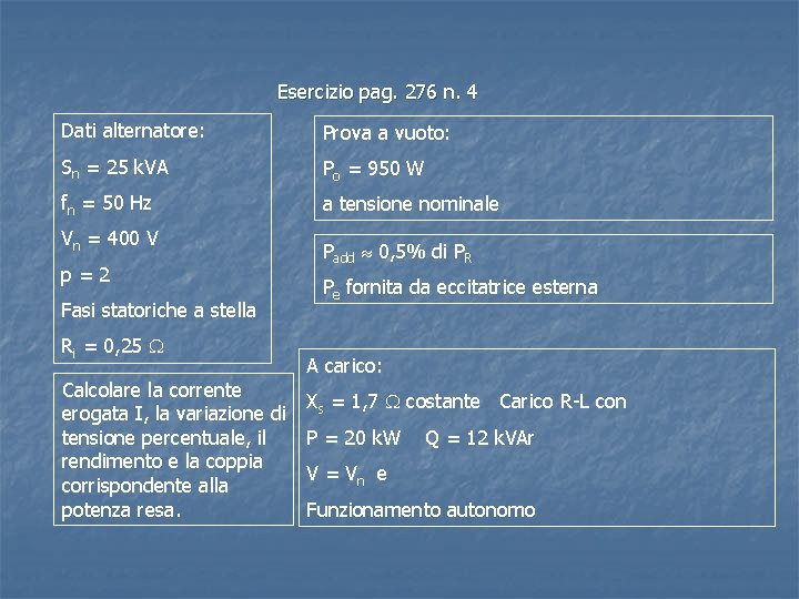 Esercizio pag. 276 n. 4 Dati alternatore: Prova a vuoto: Sn = 25 k. Esercizio pag. 276 n. 4 Dati alternatore: Prova a vuoto: Sn = 25 k.